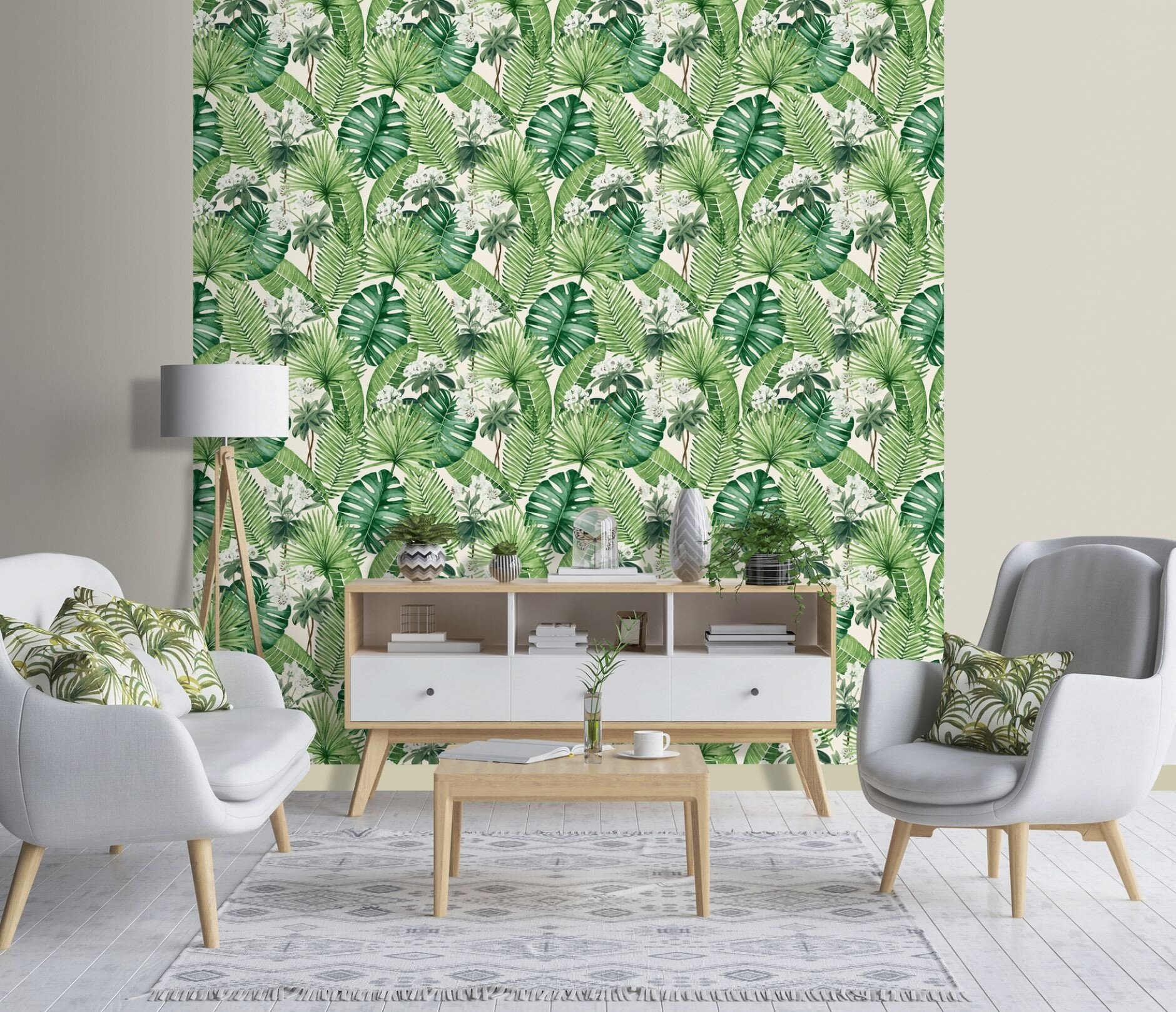 Papier Peint Végétal Jungle et Fleurs Blanche