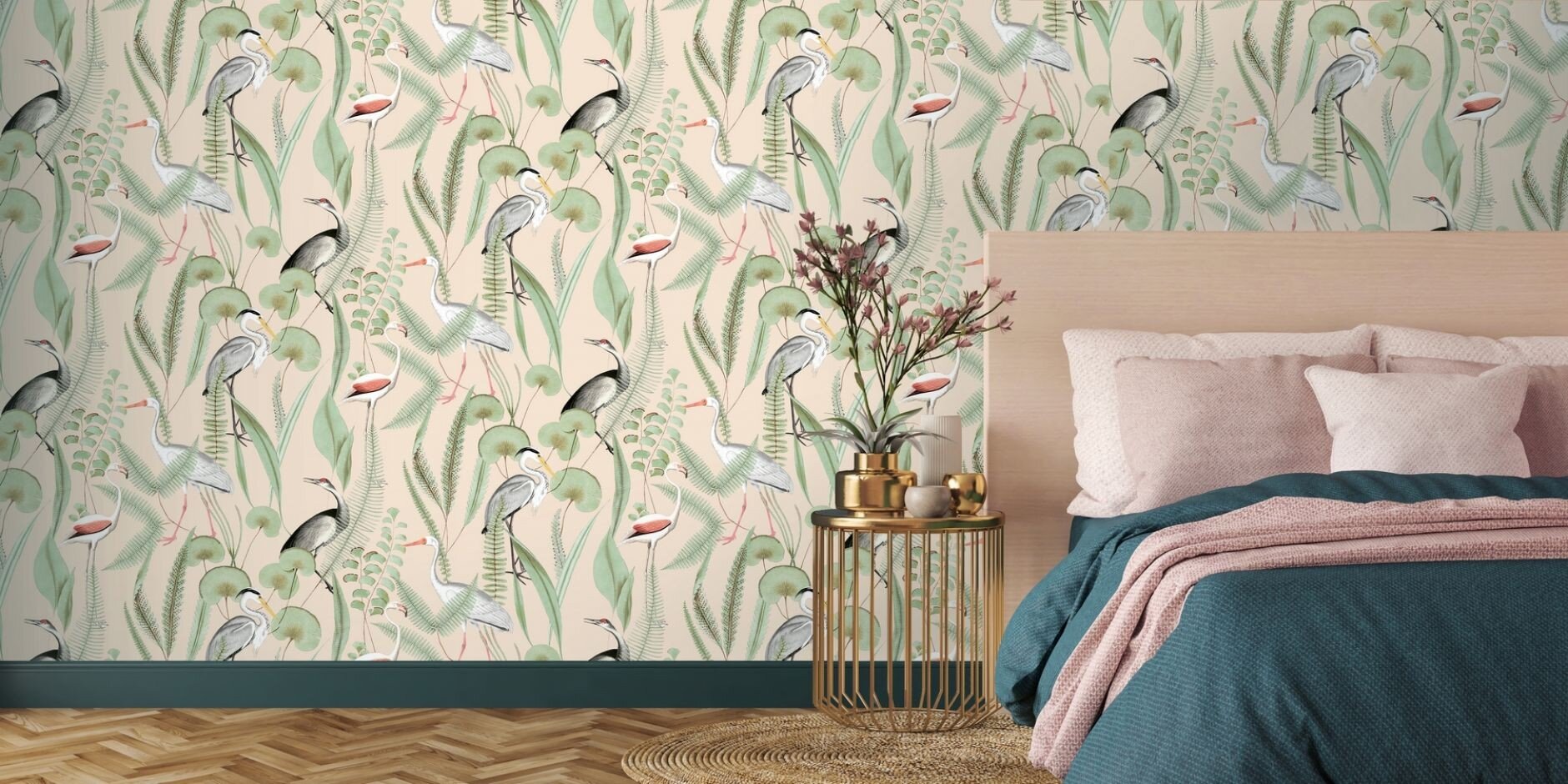 Peint Peint Végétal Feuillage Beige Rosé et Oiseau